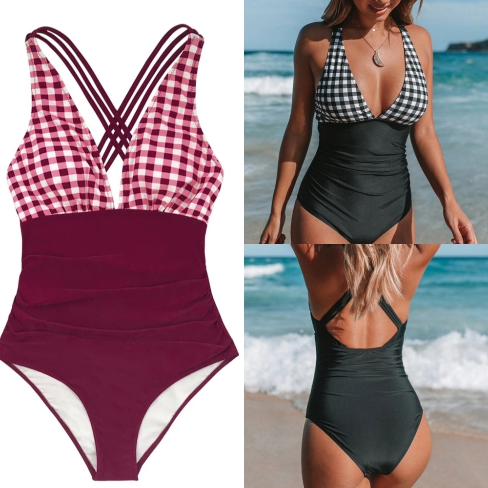 Cupshe Gingham V-Neck One-Piece Swimsuit in Burgundy and Black